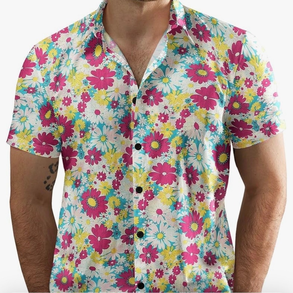 JOGAL Mens Floral Daisy Print Short Sleeve Button Down Cotton Shirt 3XL Multi